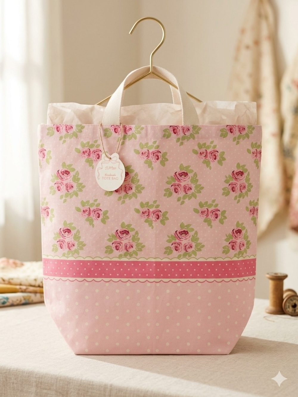 Pink Floral Tote Bag with Scalloped Trim